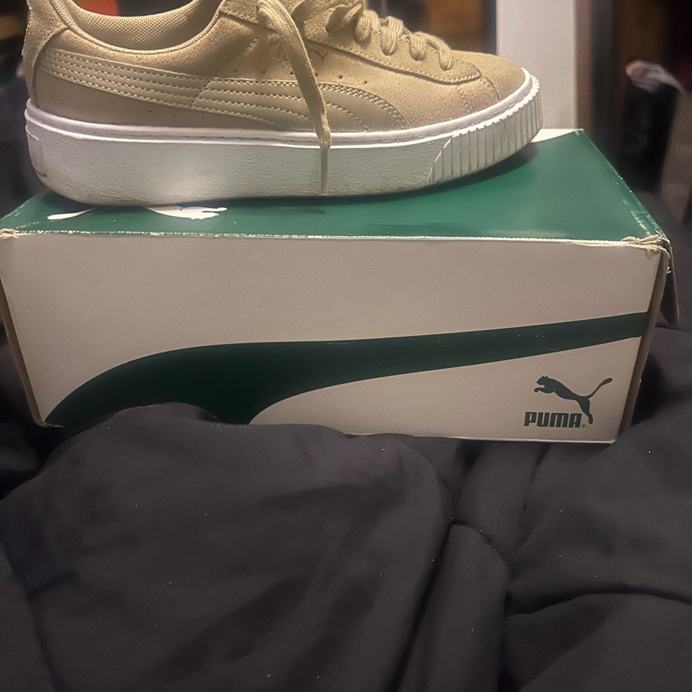 Puma Beige Platform Lace-Up Sneaker with White Sole